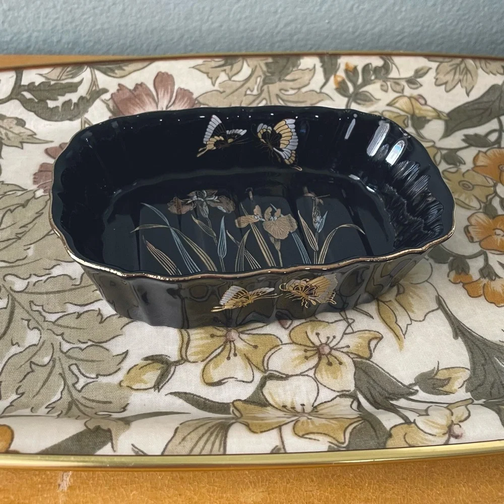 Kutani | Vintage Japanese Black Gold Iris Butterfly Soap Trinket Dish | Fairy
